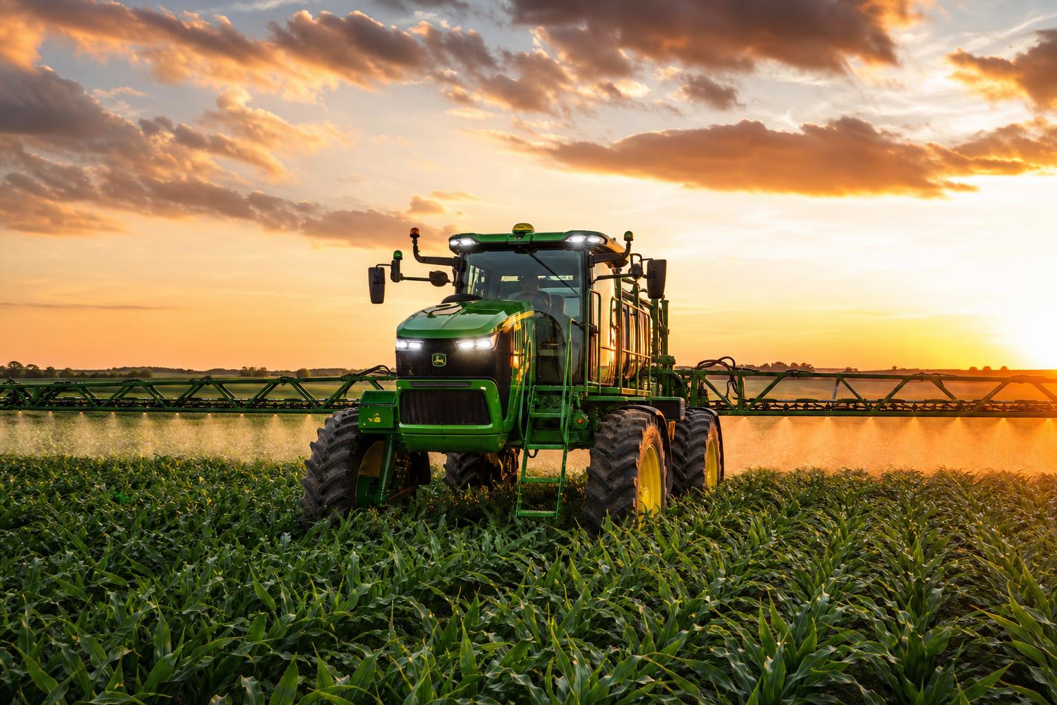AgEssentials — sprayer in field at golden hour