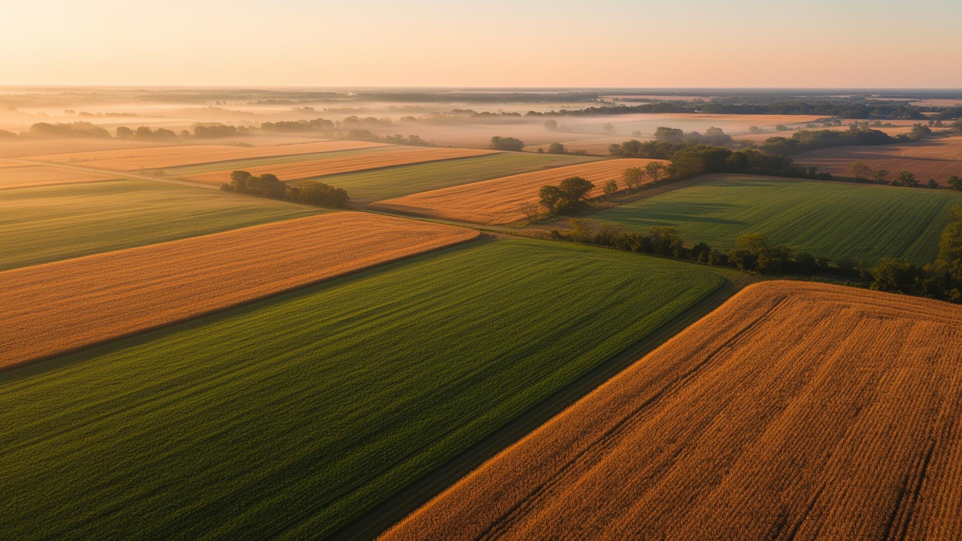 Aerial view of patchwork American farmland at golden hour